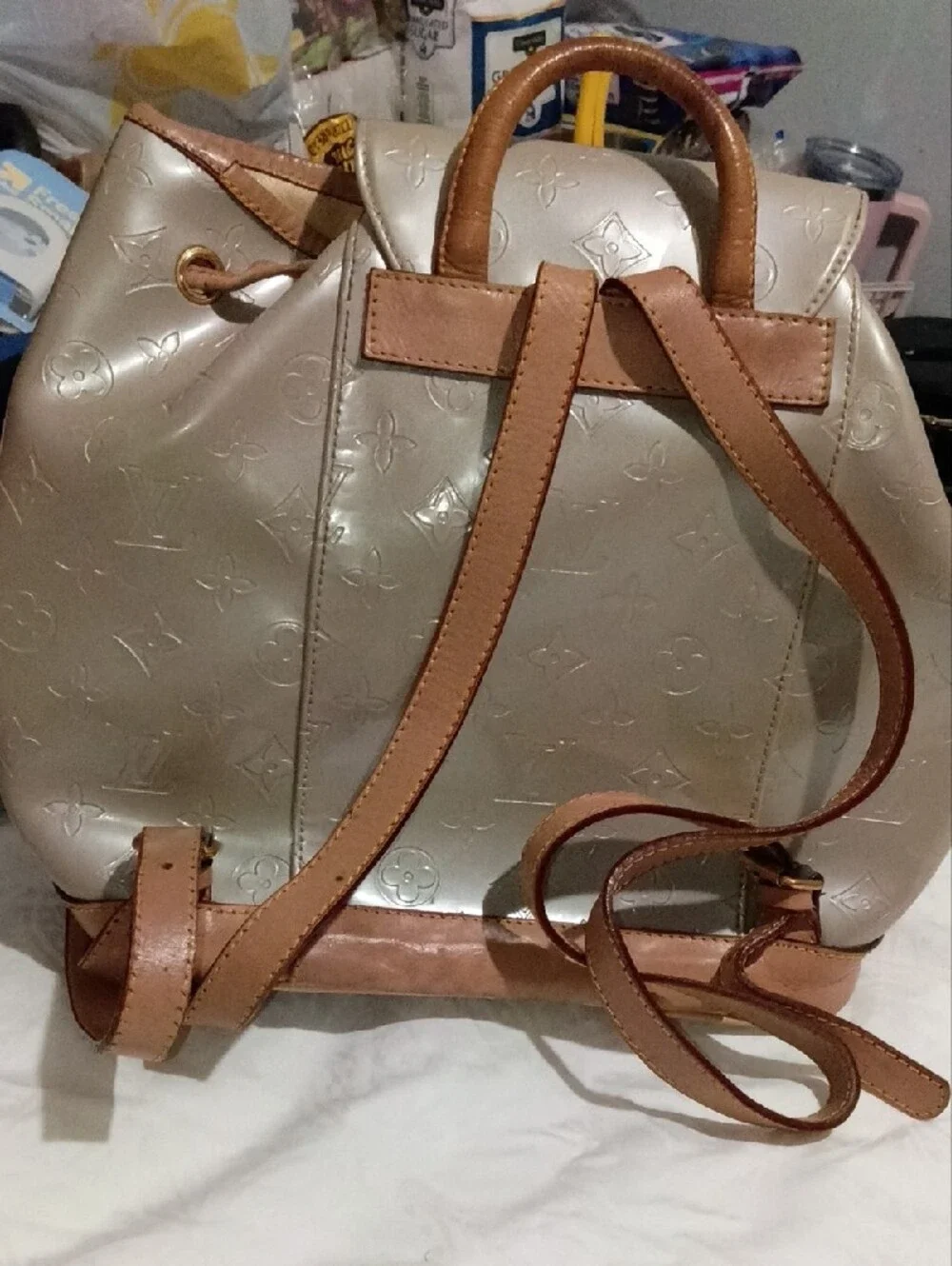 Louis Vuitton Metallic Taupe Drawstring Monogram Backpack with Tan Trim